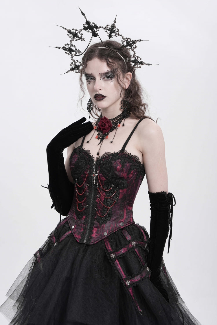 Red Sleeveless Embroidery Lace Chain Women's Gothic Vest