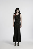 Black Off Shoulder Sleeveless Spliced Lace-Up Slim Mesh Studded Eyelet Women's Punk Dress