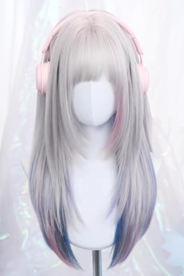 Pastel Silver Gray Pink Blue Ombre Long Straight Wig Sweet Lolita
