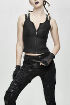 Black Lace Up Double Loops Front Shoulder Backless Women's Punk Waistcoat
