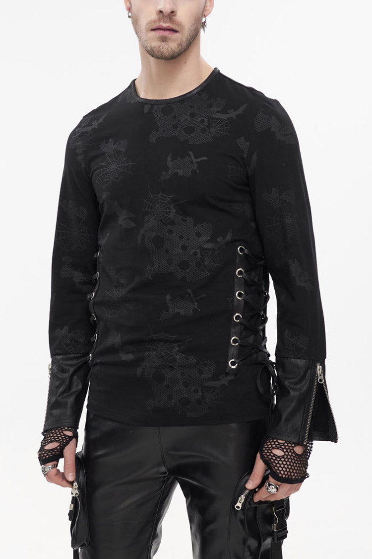 Black Punk Long Sleeve Knit Broken Holes Spider Web Print Crew Neck Men's Shirt