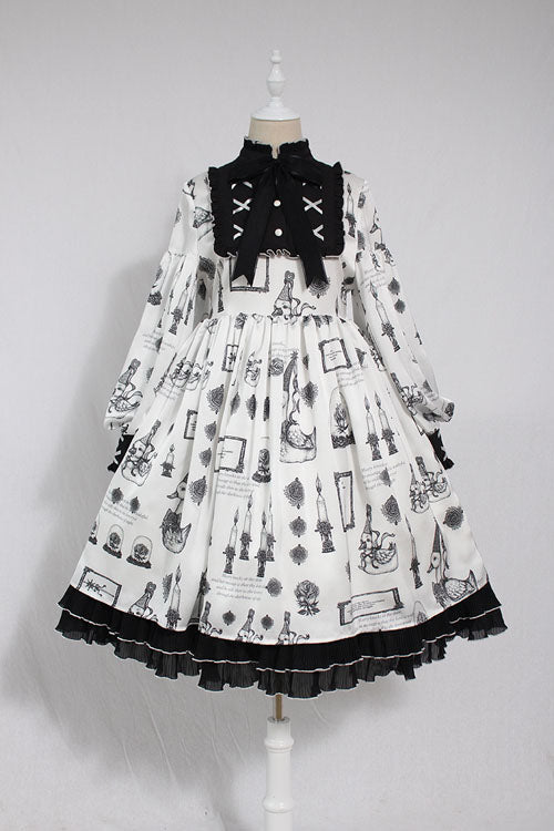 White Christian Pious Duck Print Long Sleeves Bowknot Sweet Lolita OP Dress