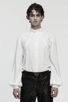 White Stand Collar Long Lantern Sleeves Floral Jacquard Men's Gothic Blouse