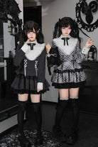 [Doki!] Stand Collar Long Sleeves Printed Ruffled Lace-Up Sweet Cool Lolita Dress 2 Colors(Black, Grey)