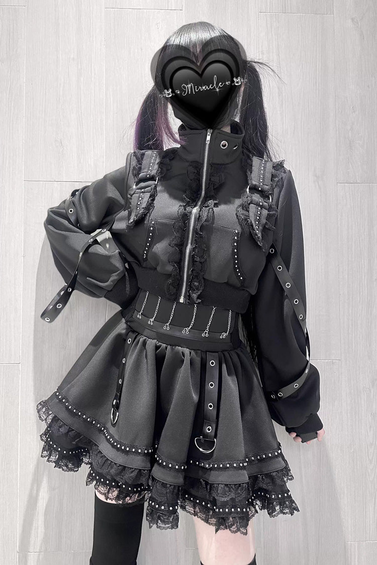 Black [False Judgment] Ruffled Lace Zippered Gothic Jirai Kei Japanese Handsome Skirt Set