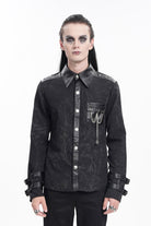 Black Lapel Collar Long Sleeves Buckle Chain Men's Gothic Blouse
