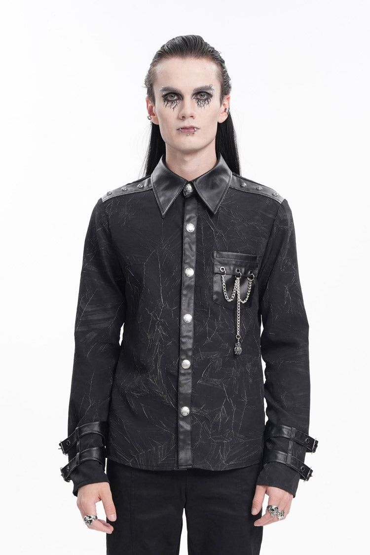 Black Lapel Collar Long Sleeves Buckle Chain Men's Gothic Blouse