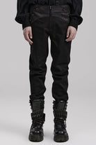 Black Leather Stitching Slim Front Zipper Men's Gothic Pants