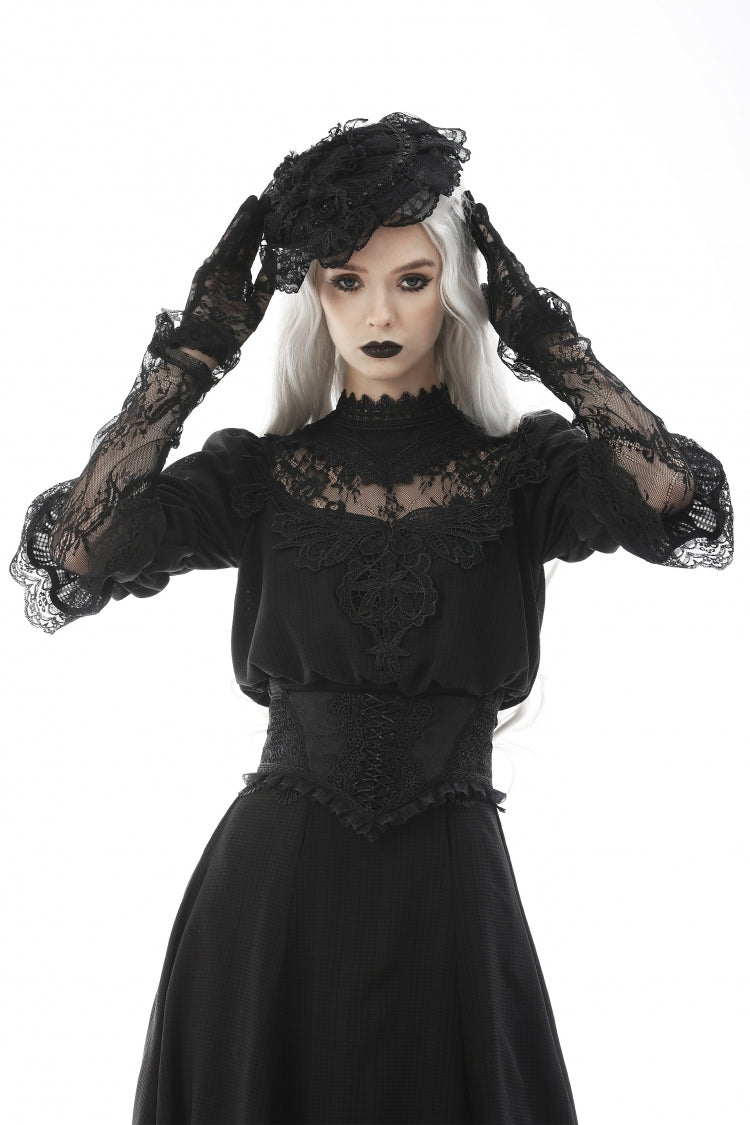Black Ruffled Floral Embroidered Lace-Up Women's Gothic Corset