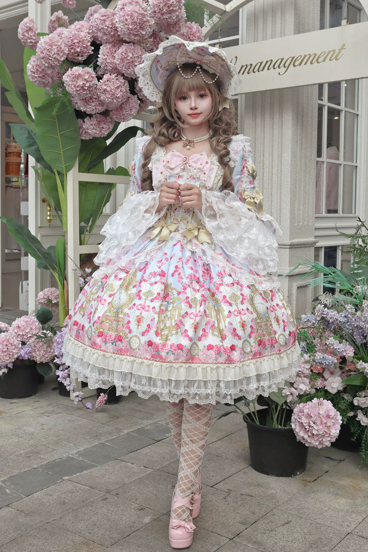 Blue/Pink [Rose Garden Prelude] Square Collar Long Trumpet Sleeves Printed Ruffled Bow Lace Lace-Up Sweet Lolita Dress