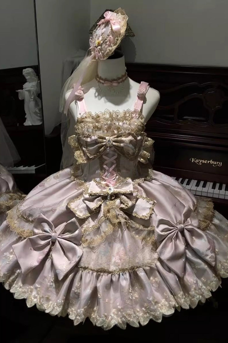 Sweet Sleeveless Ruffled Foil-Stamped Embroidered Open-Front Bow Lace Gorgeous Lolita Jsk Dress 4 Colors