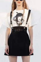 Black Metal Ring Shoulder-Strap Buckle Belt Split Hem A-Shaped Women's Punk Skirt