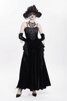 Black Sleeveless Ruffle Lace-Up Plumed Women's Gothic Long Slip Dress