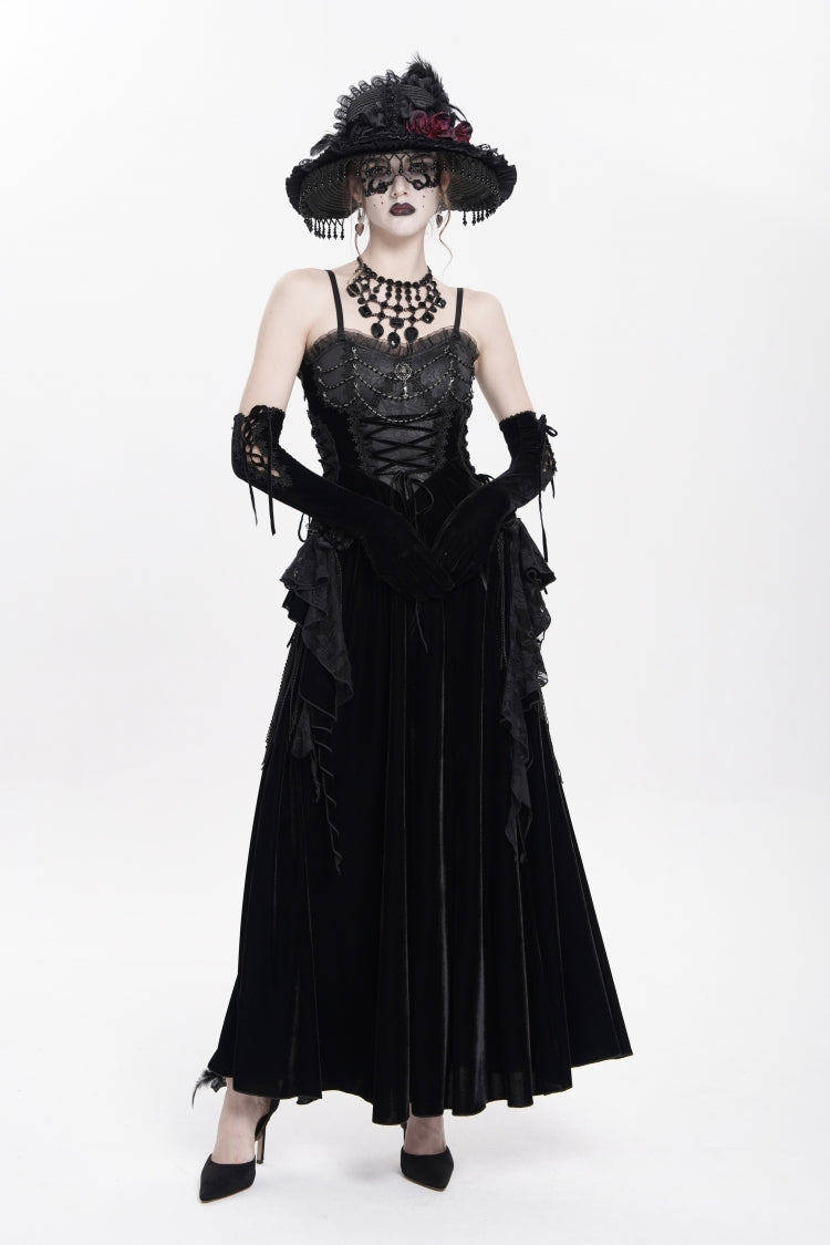 Black Sleeveless Ruffle Lace-Up Plumed Women's Gothic Long Slip Dress