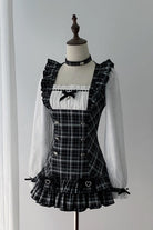 Black/White Square Collar Long Sleeves Jacquard Plaid Printed Ruffled Japanese Vintage Jirai Kei Dress