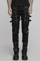 Black Stitching Mesh Buckle Straps Studded Men's Punk Pants