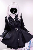 [Confession Fantasy] Lapel Collar Long Sleeves Printed Ruffled Bow Jirai Kei Japanese Dress Shorts 4 Colors