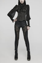 Black Stand Collar Lace Long Sleeves Ruffle Hollow Womens Gothic Blouse