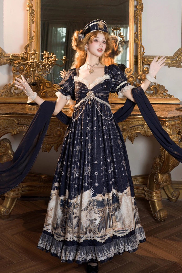Blue [Unicorn] V Collar Short Sleeves Empire Motif Print Embroidery Bowknot Lace Sweet Elegant Lolita Dress