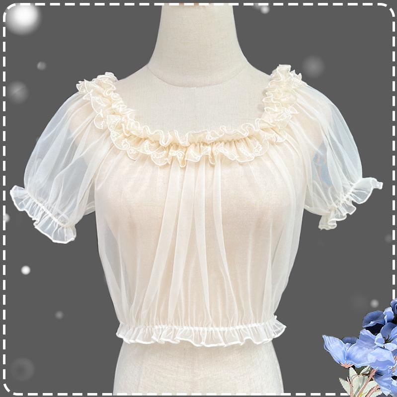 Daily Lolita Shirt Short Sleeve Sheer Mesh Off-Shoulder Blouse