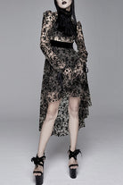 Apricot See Through Printed Long Sleeves Velvet Belted Womens Gothic Dress With Tie