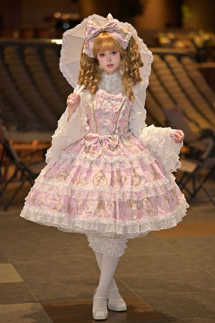 Pink [Candelabrum Elegy] Sleeveless Triple-Layered Flower Wall Printed Ruffled Bow Lace Sweet Lolita Jsk Dress