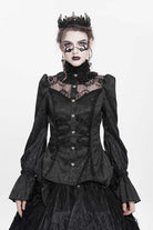 Black Stand Collar Long Sleeves Jacquard Hollow Lace Women's Gothic Blouse