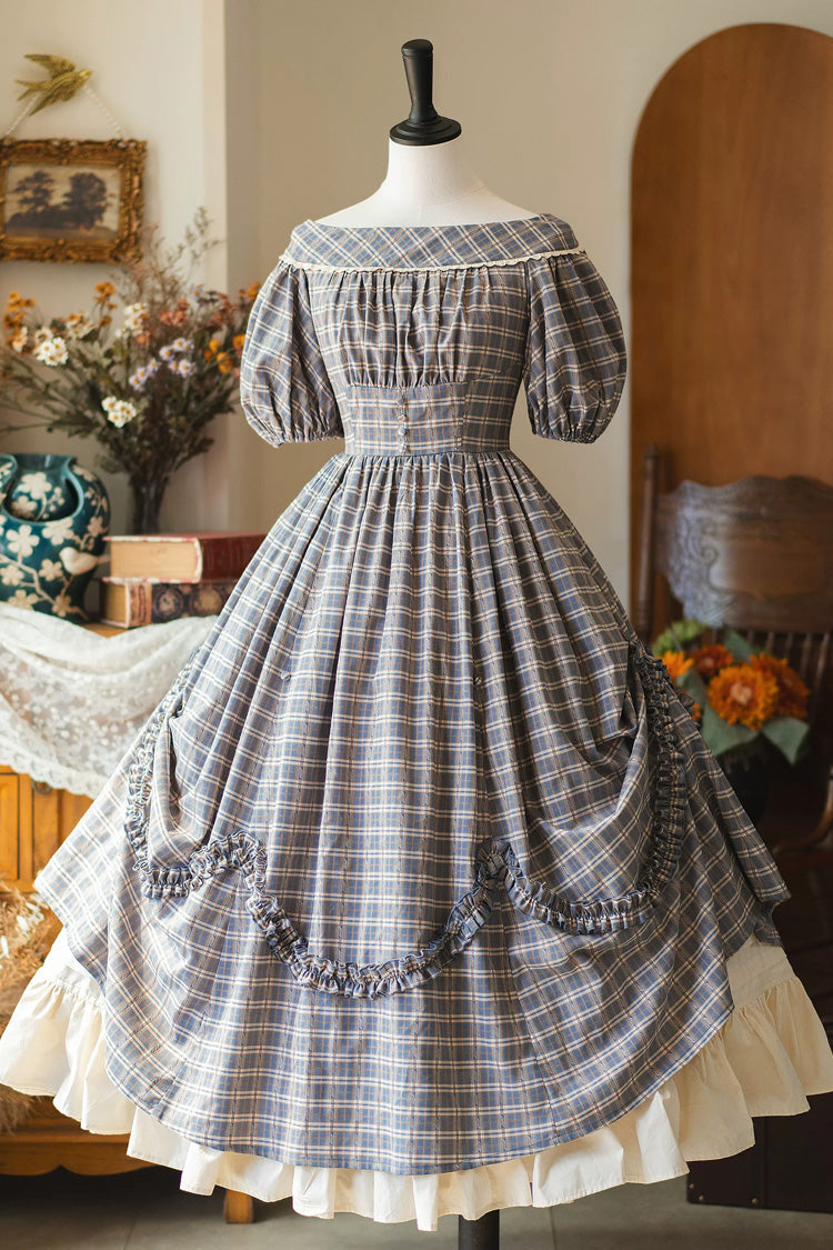 Grey/Blue [Forest Picnic] Boat Neck Short Sleeves Printed Lift-Hem Ruffled Classic Vintage Elegant Lolita Dress