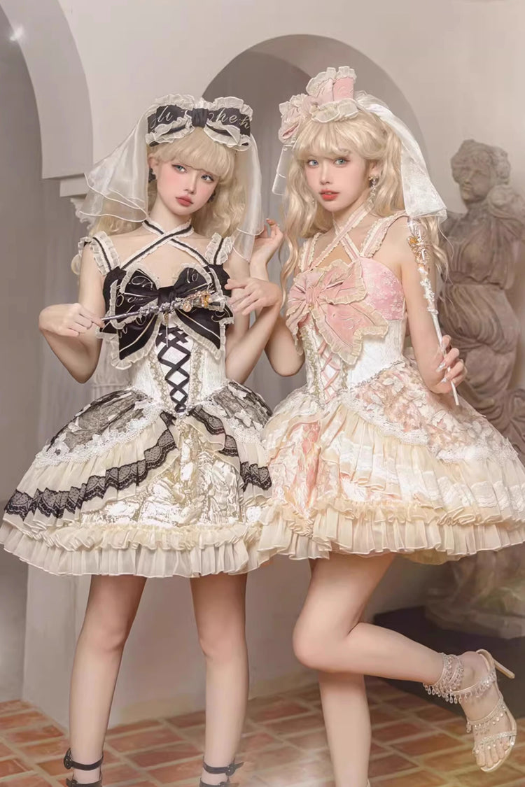Black/Gold [Lilibet] Print Ruffle Cardigan Bowknot Lace Fishbone Sweet Lolita Dress