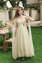 Yellow Square Collar Short Sleeves Jacquard Ruffled Lace Sweet Elegant Lolita Dress