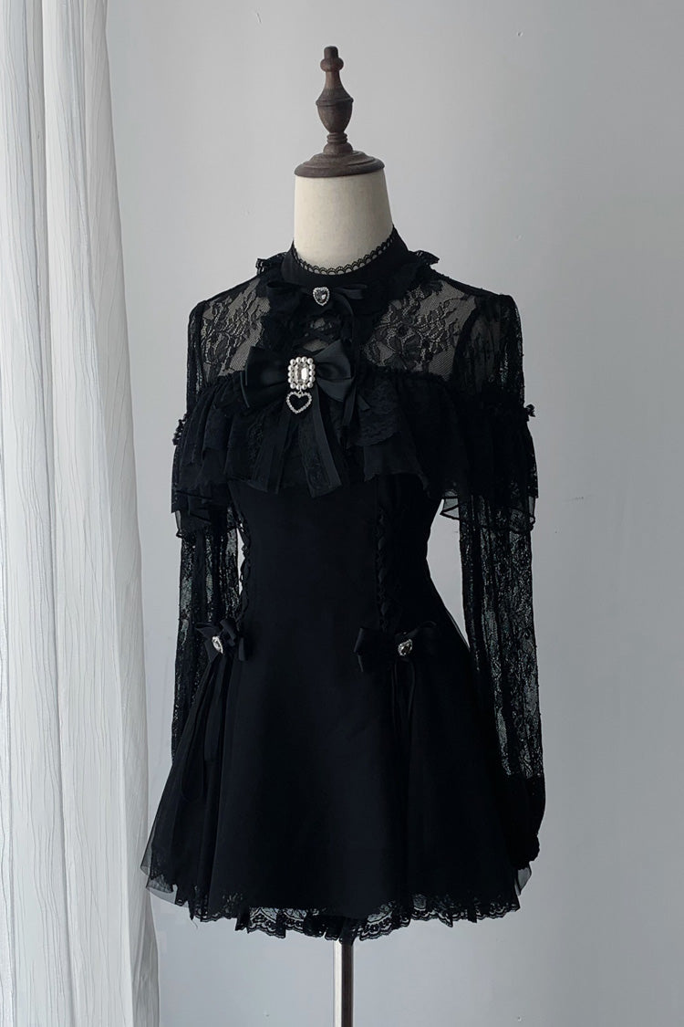 Black [Lace Doll] Round Collar Long Sleeves Ruffled Cut-Out Embroidered Bow Lace Gothic Jirai Kei Japanese Dress