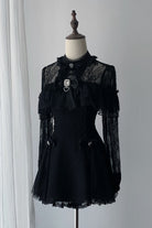 Black [Lace Doll] Round Collar Long Sleeves Ruffled Cut-Out Embroidered Bow Lace Gothic Jirai Kei Japanese Dress