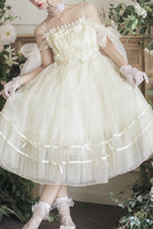 Beige Small Ballet High Waisted Bowknot Chiffon Short Version Sweet Lolita JSK Dress