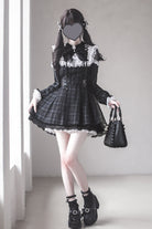 Black [Angel Heartbeat] Long Sleeves Plaid Print Ruffle Bowknot Lace Sweet Jirai Kei Japanese Dress