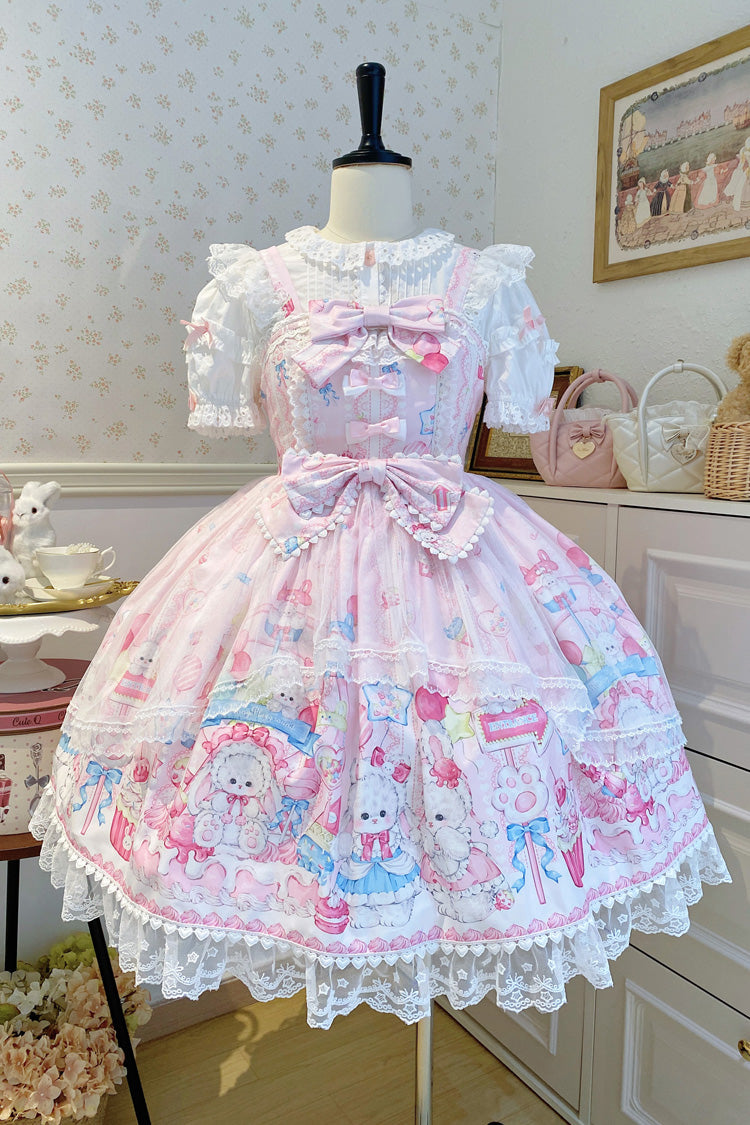 Pink [Cute Rabbit Sweet Cake] Print Ruffle Bowknot Lace Sweet Lolita Jsk Dress