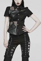 Black Twill Woven Short Sleeves Hollow Leather Stitching Womens Steampunk Blouse