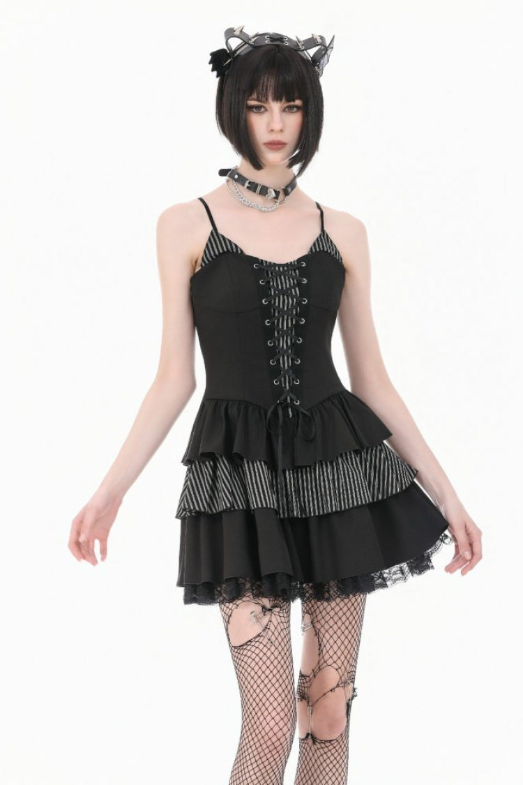 Black/White Contrast Stripes Lace-Up Multi-Layered Ruffled Hem Women's Gothic Slip Dress
