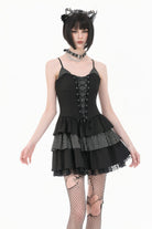 Black/White Contrast Stripes Lace-Up Multi-Layered Ruffled Hem Women's Gothic Slip Dress