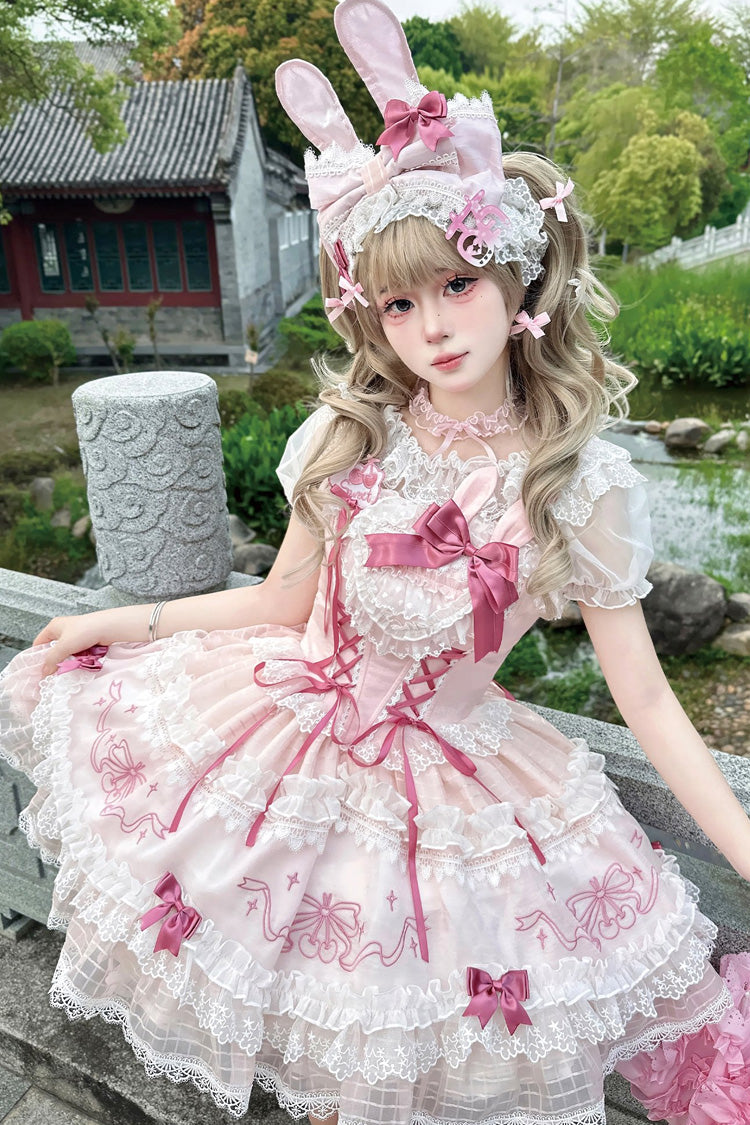Pink [Sweetheart Bunny] Square Collar Flutter Sleeves Multi-Layered Jacquard Ruffled Embroidered Bow Lace Sweet Lolita Jsk Dress