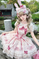 Pink [Sweetheart Bunny] Square Collar Flutter Sleeves Multi-Layered Jacquard Ruffled Embroidered Bow Lace Sweet Lolita Jsk Dress
