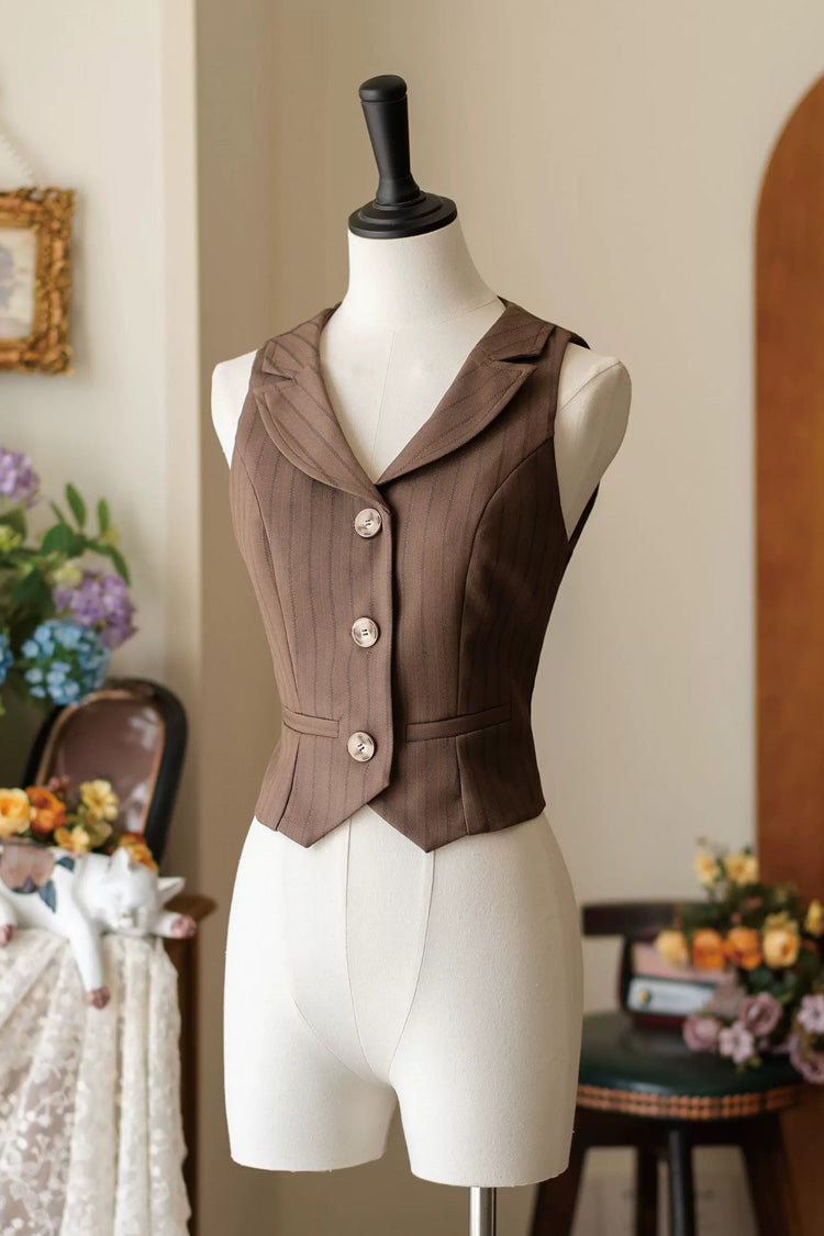 Brown V Collar Printed Classic Vintage College Style Ouji Lolita Vest