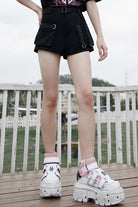 Black Clasp Belt Multi-Level Pocket Pit Ribbon Decoration High Waist Women's Punk Shorts