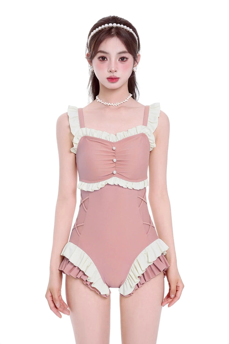 Peach Pink Square Collar Sleeveless Double-Layered Ruffled Lace-Up Pearl-Decorated Sweet Lolita One-Piece Swimsuit