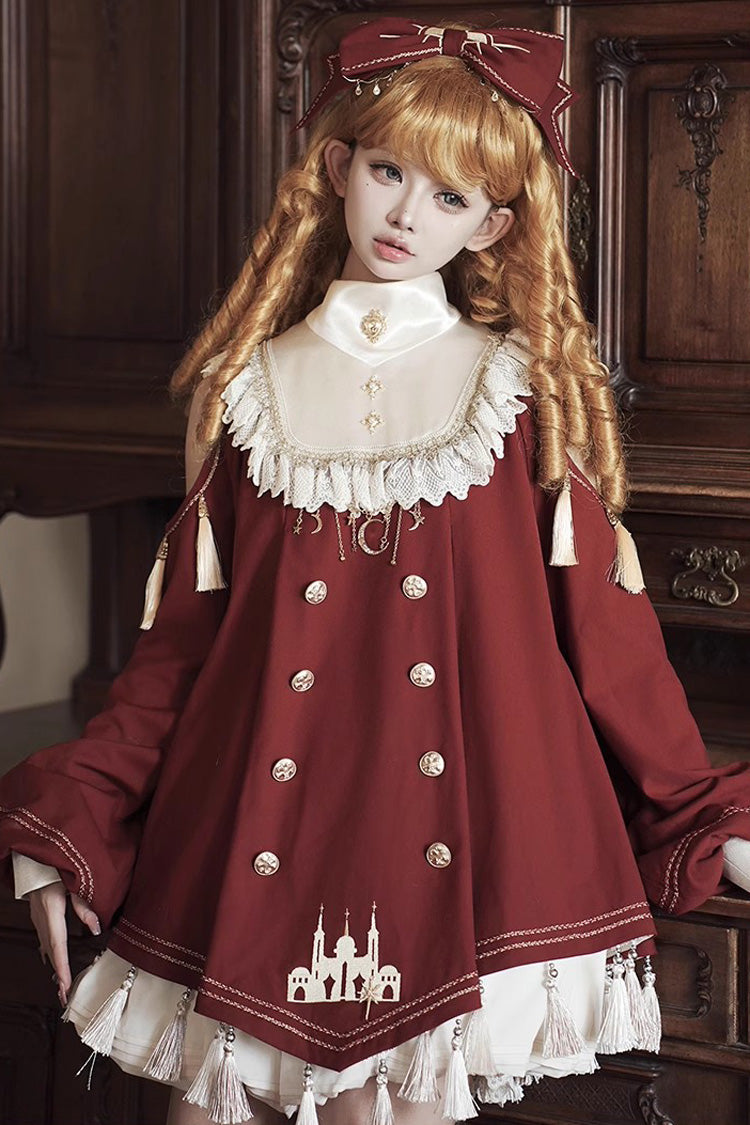 Red [Starry Night] Long Sleeves Ruffle Embroidery Sweet Princess Lolita Dress Full Set