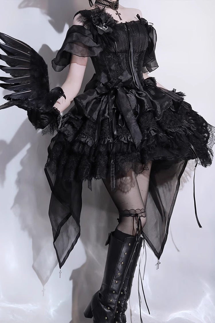 Black [Rose Memoirs] Sleeveless Multi-Layered Bowknot Lace Gothic Lolita Skirt Set