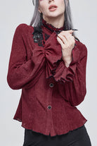 Red Lace High Neck Three Dimensional Embroidered Lantern Trumpet Sleeves Women's Gothic Shirt