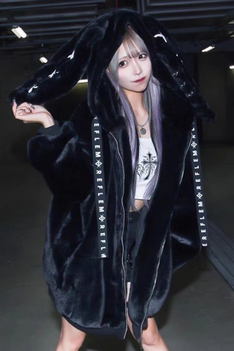 Black Rabbit Ears Long Sleeves Hooded Punk Jirai Kei Coat