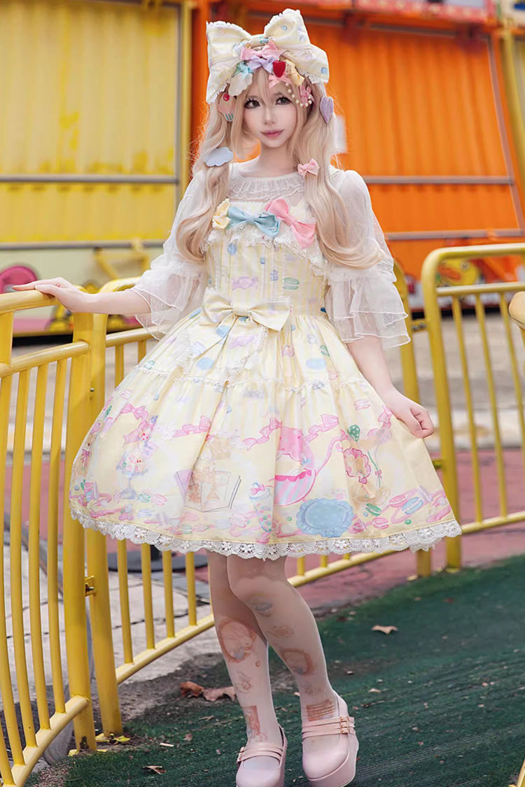 Yellow [Macaron Dolly House] Sleeveless Print Bowknot Sweet Lolita Jsk Dress