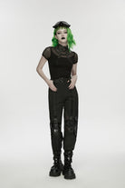 Black Stand Collar Short Sleeves Zippered Women's Punk Rivets&Eyelets T-Shirt