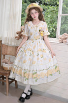 White [Lemon Chicken] Short Sleeves Print Ruffle Bowknot Lace Daily Sweet Lolita Dress